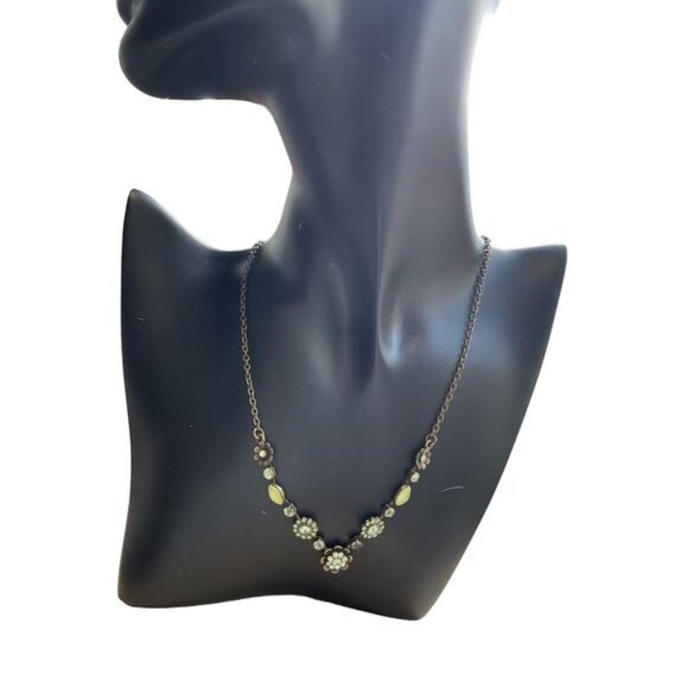 Vintage Bronze Floral Necklace With Green & Clear Rhinestones